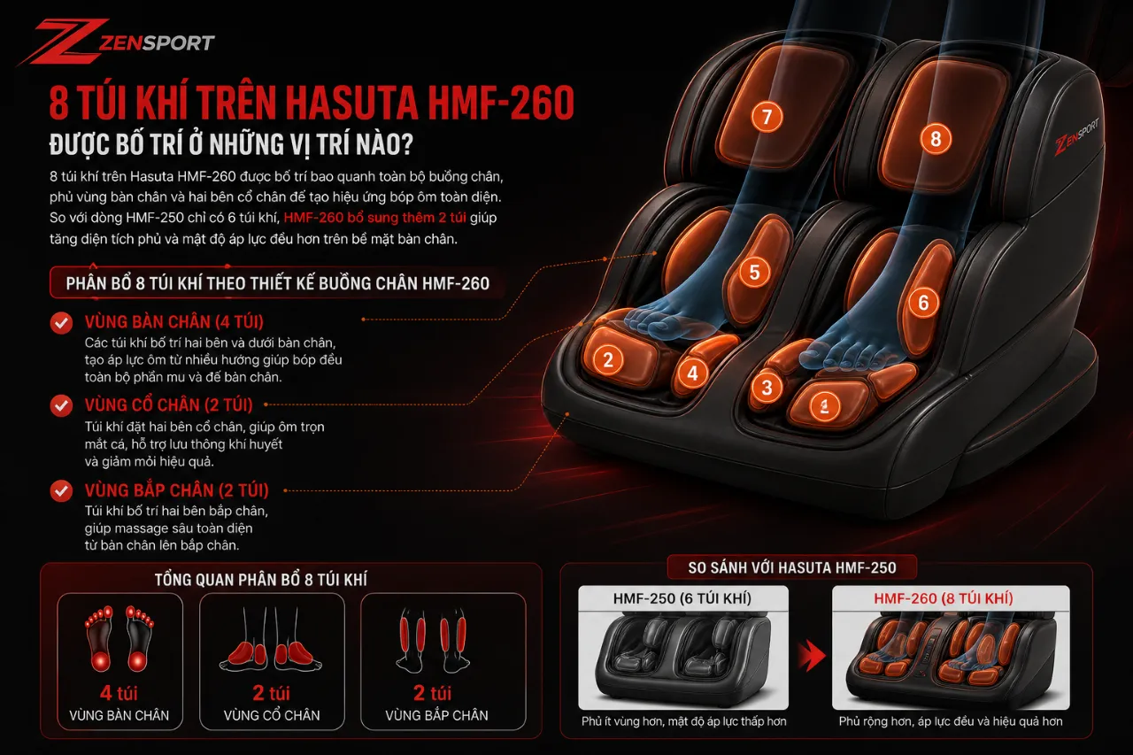 8 túi khí trên Hasuta HMF-260 được bố trí ở những vị trí nào?