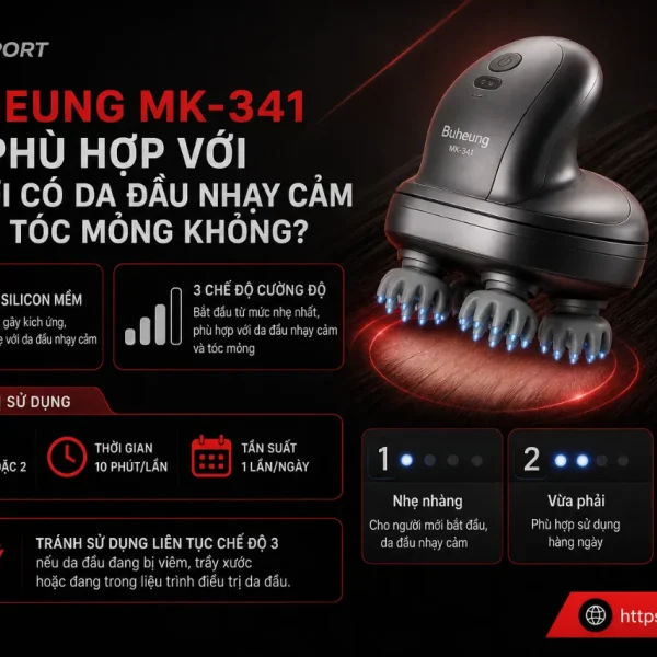 Máy massage đầu Buheung MK-341: 3 chế độ massage, 4 đầu silicon đa điểm