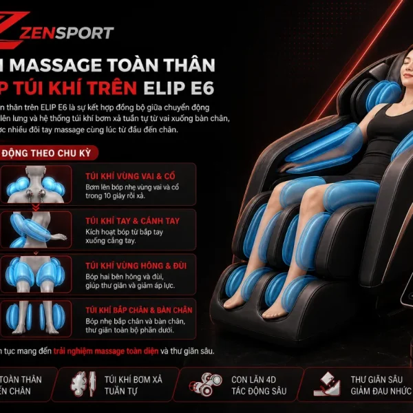 Ghế Massage ELIP E6: 12 Bài Massage, 4E Plus, Túi Khí Toàn Thân