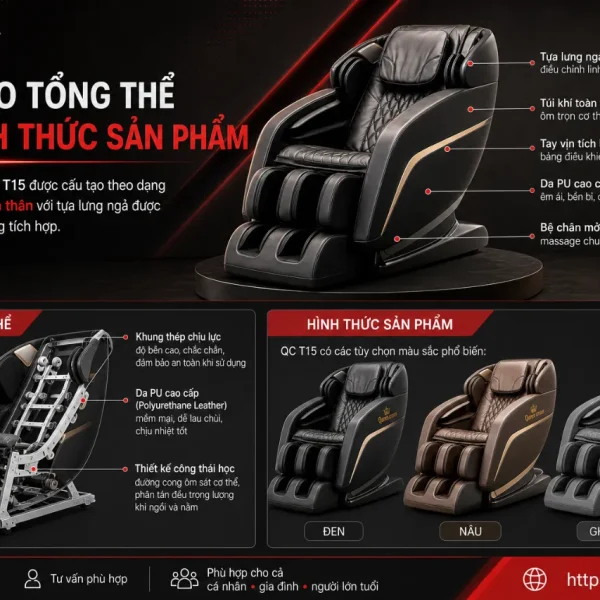 Queen Crown QC T15: Ghế Massage 3D, Bi Lăn Chân Chuyên Sâu