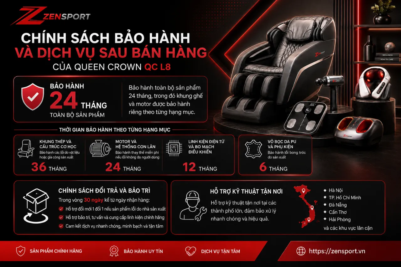 Chính Sách Bảo Hành Và Dịch Vụ Sau Bán Hàng Của Queen Crown QC L8 Chính sách bảo hành và dịch vụ sau bán hàng của Queen Crown QC L8 bao gồm bảo hành 24 tháng cho toàn bộ sản phẩm, trong đó khung ghế và motor được bảo hành riêng theo từng hạng mục, kèm theo chính sách hỗ trợ kỹ thuật tận nơi tại các thành phố lớn.