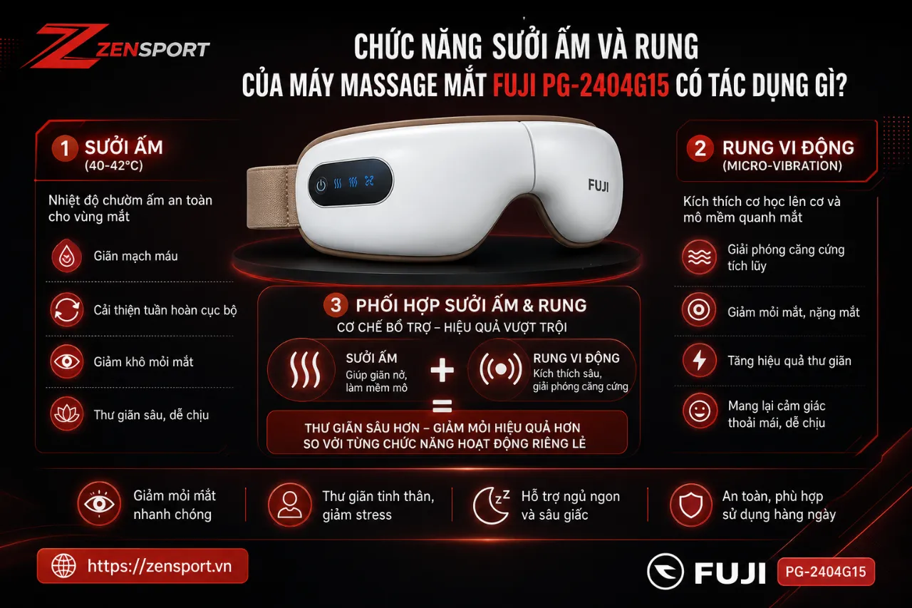 Chức năng sưởi ấm và rung của máy massage mắt Fuji PG-2404G15 có tác dụng gì?