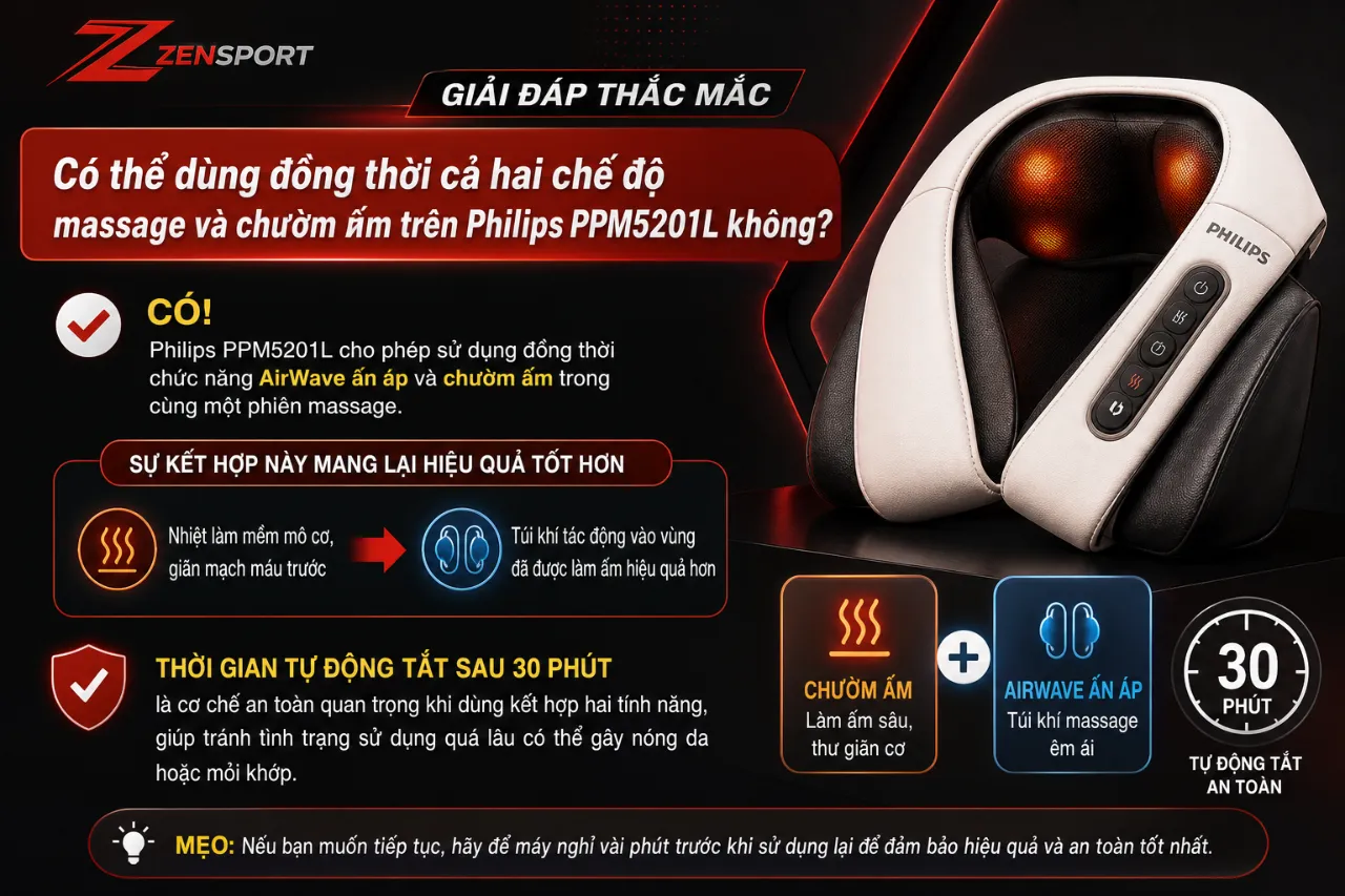 Có thể dùng đồng thời cả hai chế độ massage và chườm ấm trên Philips PPM5201L không?