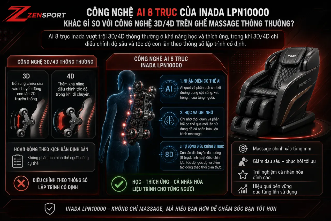 Công Nghệ AI 8 Trục Của Inada LPN10000 Khác Gì So Với Công Nghệ 3D/4D Trên Ghế Massage Thông Thường?