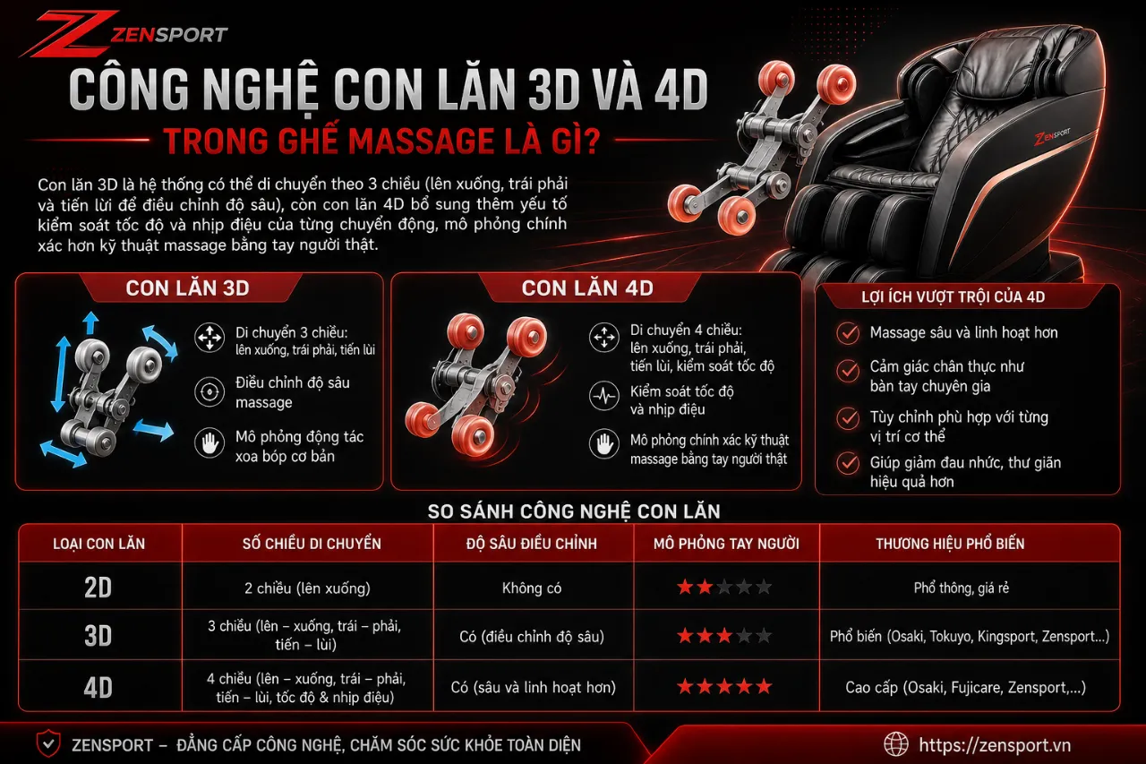Công Nghệ Con Lăn 3D Và 4D Trong Ghế Massage Là Gì?