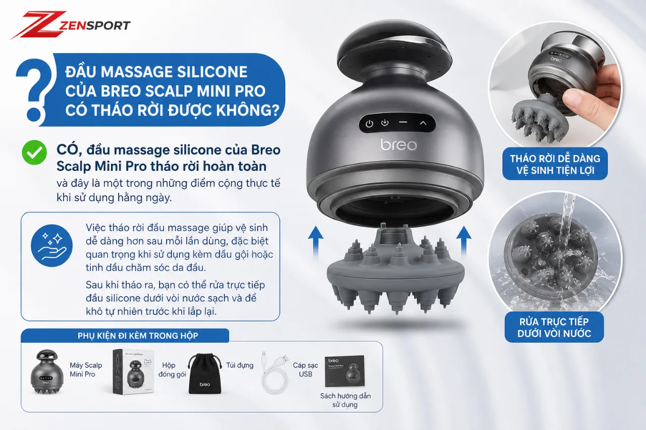 Đầu massage silicone của Breo Scalp Mini Pro có tháo rời được không?