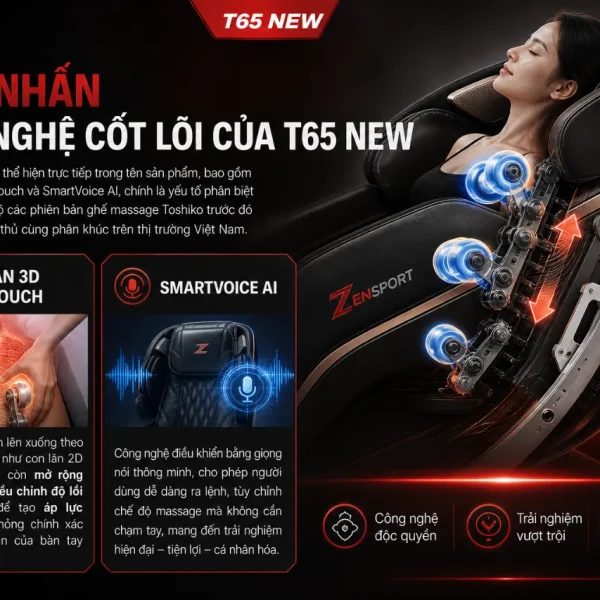 Ghế Massage Toshiko T65 New: Con Lăn 3D Deep Touch, SmartVoice AI