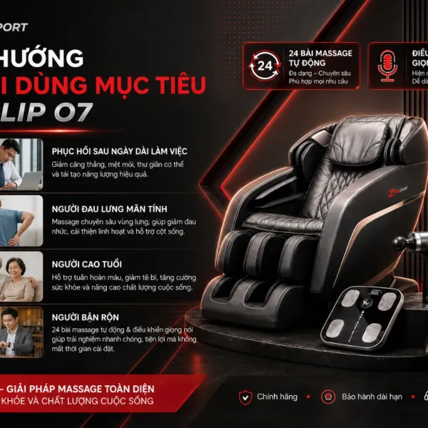 Ghế Massage ELIP O7: 24 Bài Tự Động, Trục SSLL, Túi Khí Toàn Diện