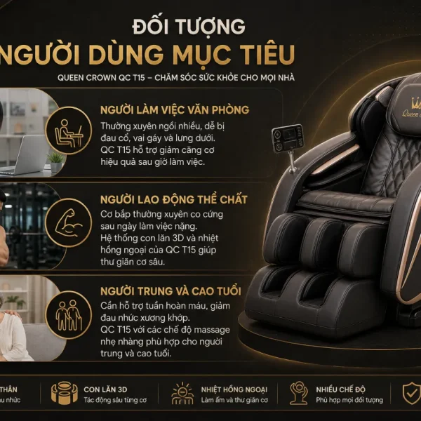 Queen Crown QC T15: Ghế Massage 3D, Bi Lăn Chân Chuyên Sâu