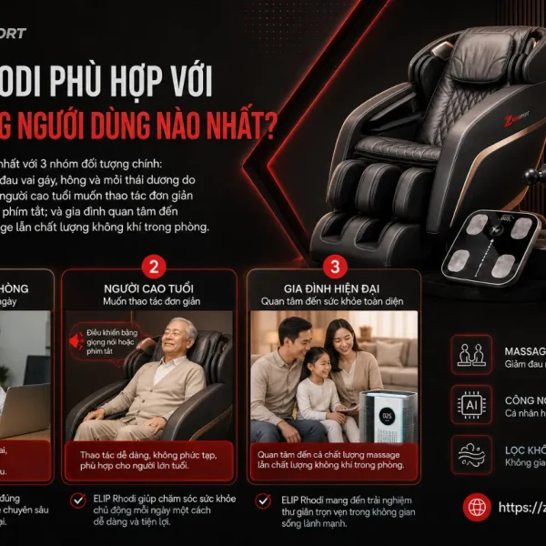 Ghế Massage ELIP Rhodi: AI Giọng Nói, Ion Âm, Hồng Ngoại 40 Độ