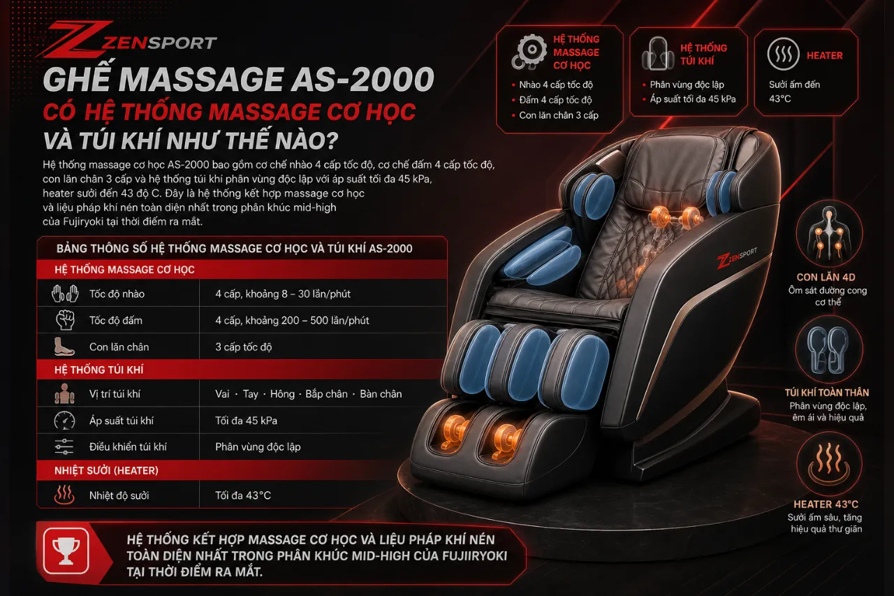 Ghế Massage AS-2000 có hệ thống massage cơ học và túi khí như thế nào?