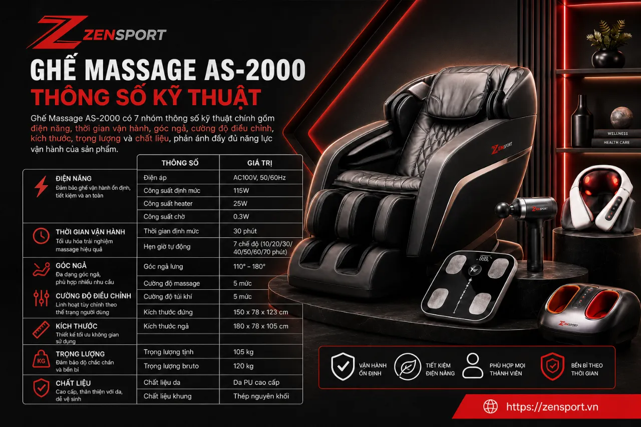 Ghế Massage AS-2000 có những thông số kỹ thuật như thế nào?