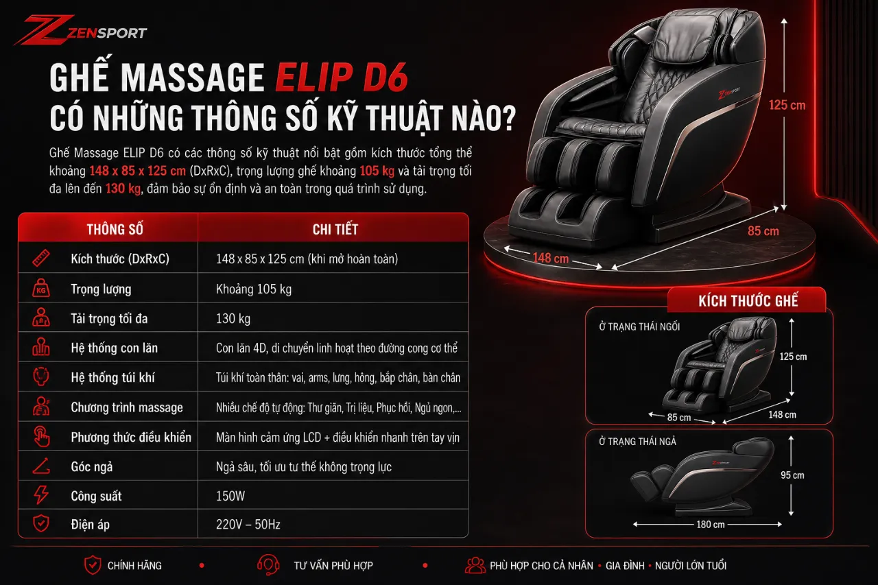 Ghế Massage ELIP D6 Có Những Thông Số Kỹ Thuật Nào?