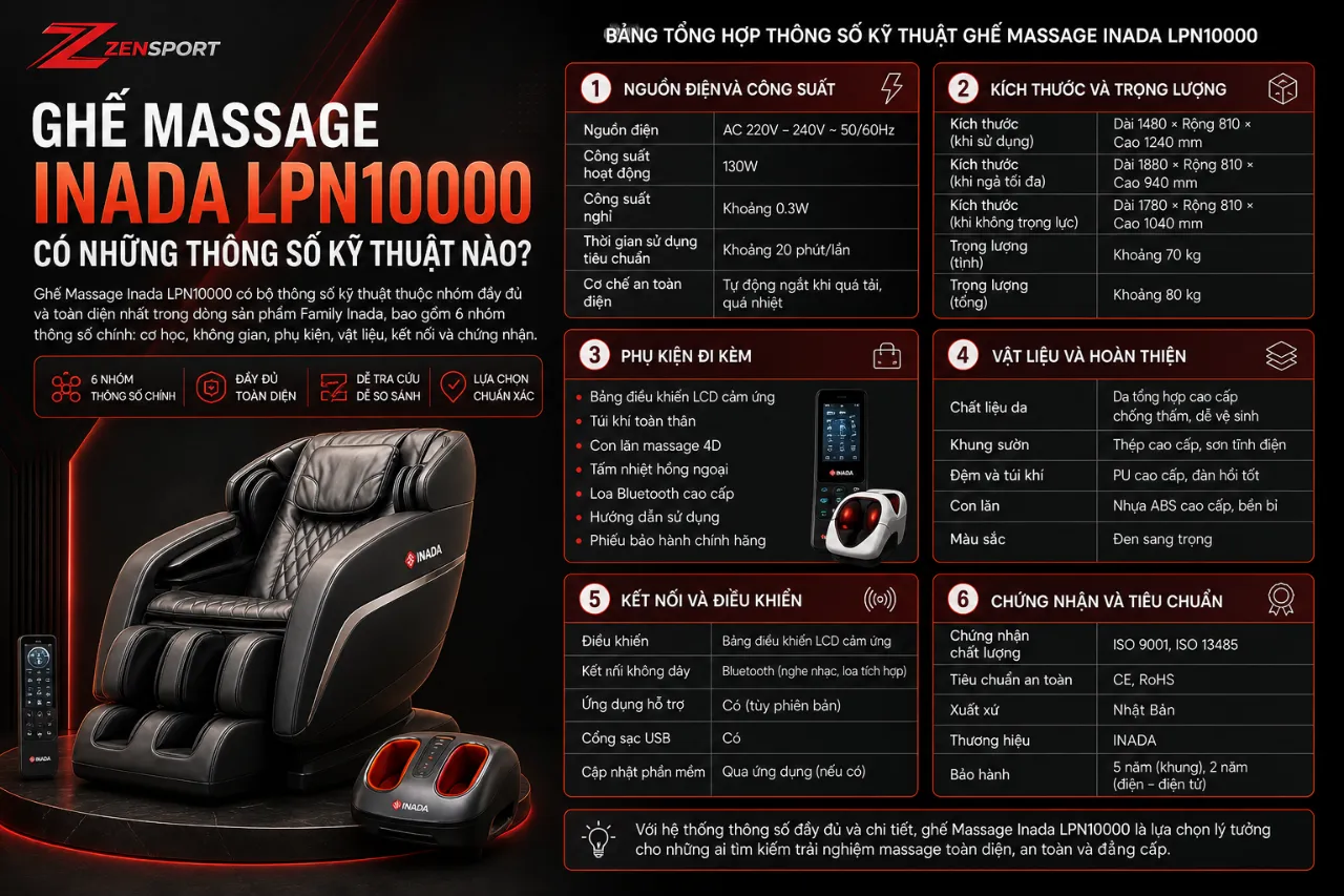 Ghế Massage Inada LPN10000 Có Những Thông Số Kỹ Thuật Nào?