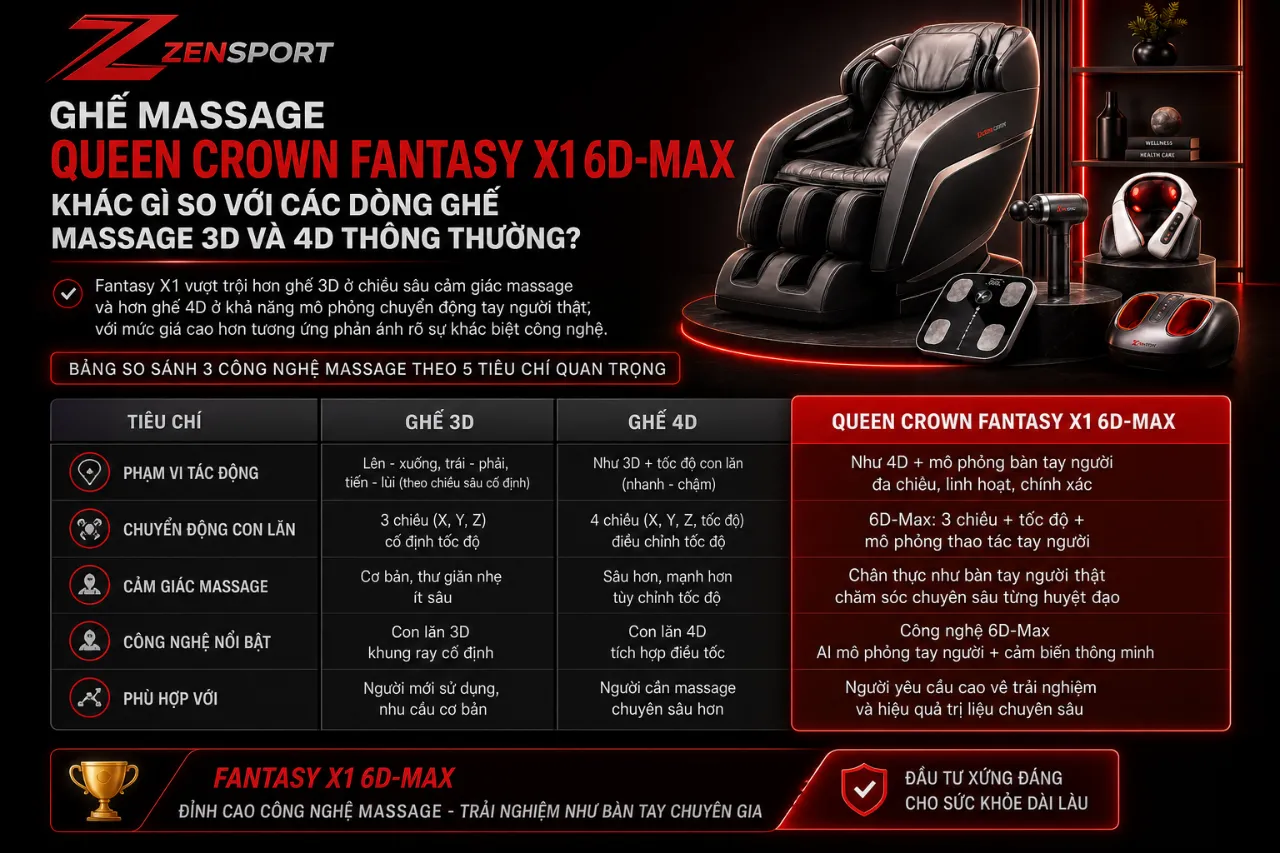 Ghế Massage Queen Crown Fantasy X1 6D-Max Khác Gì So Với Các Dòng Ghế Massage 3D Và 4D Thông Thường?