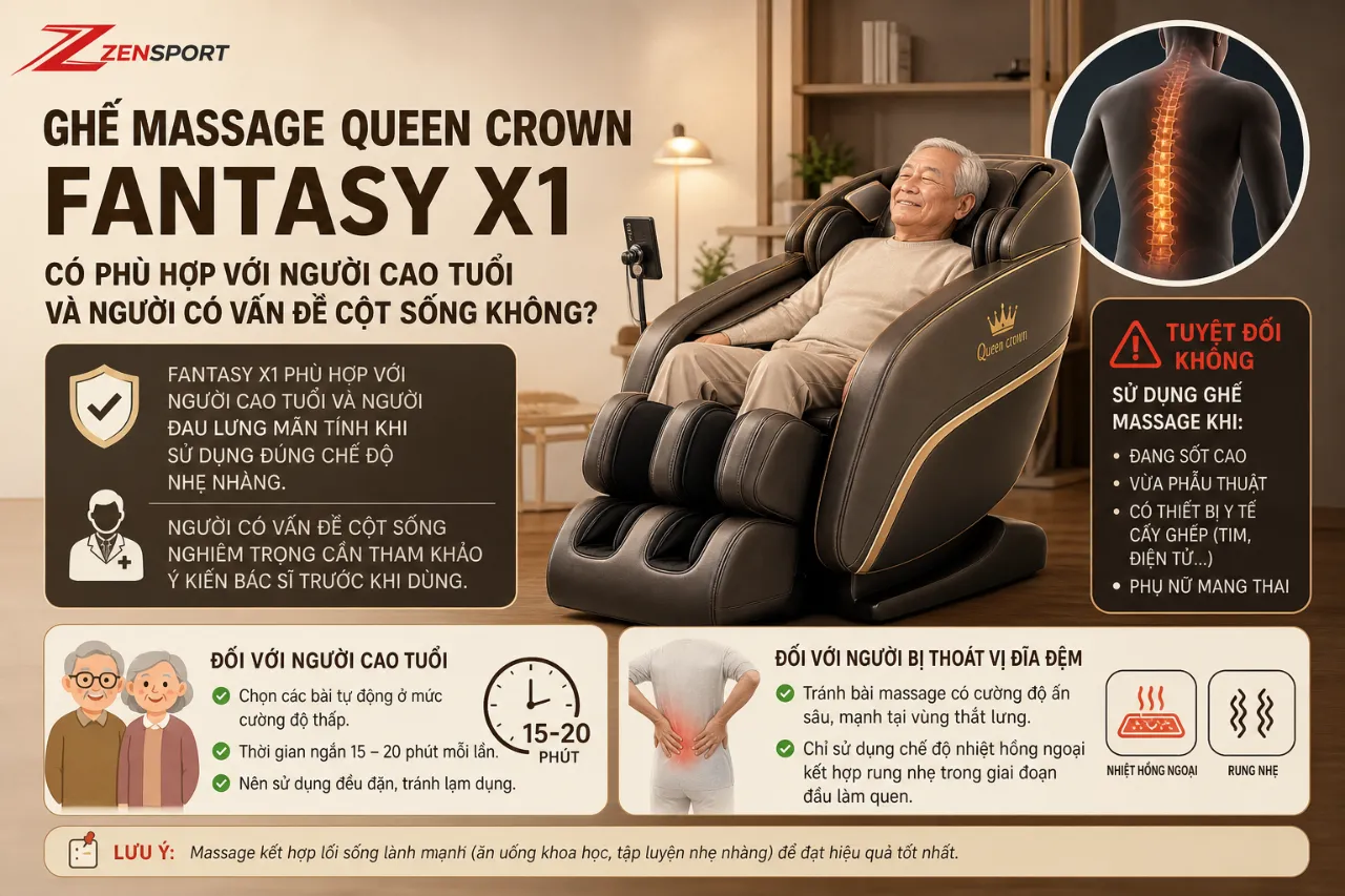Ghế Massage Queen Crown Fantasy X1 Có Phù Hợp Với Người Cao Tuổi Và Người Có Vấn Đề Cột Sống Không?