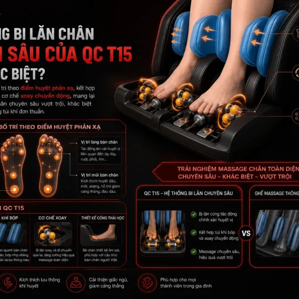 Queen Crown QC T15: Ghế Massage 3D, Bi Lăn Chân Chuyên Sâu