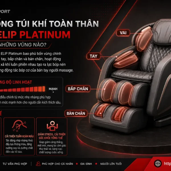 Ghế Massage ELIP Platinum: AI Ion Âm, Massage 3D, Túi Khí Toàn Thân