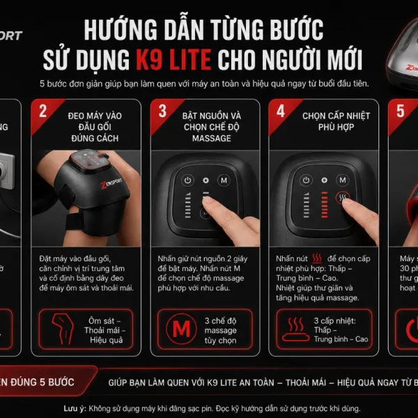 Máy massage đầu gối Masaji K9 Lite: Hồng ngoại, 5 cấp nhiệt