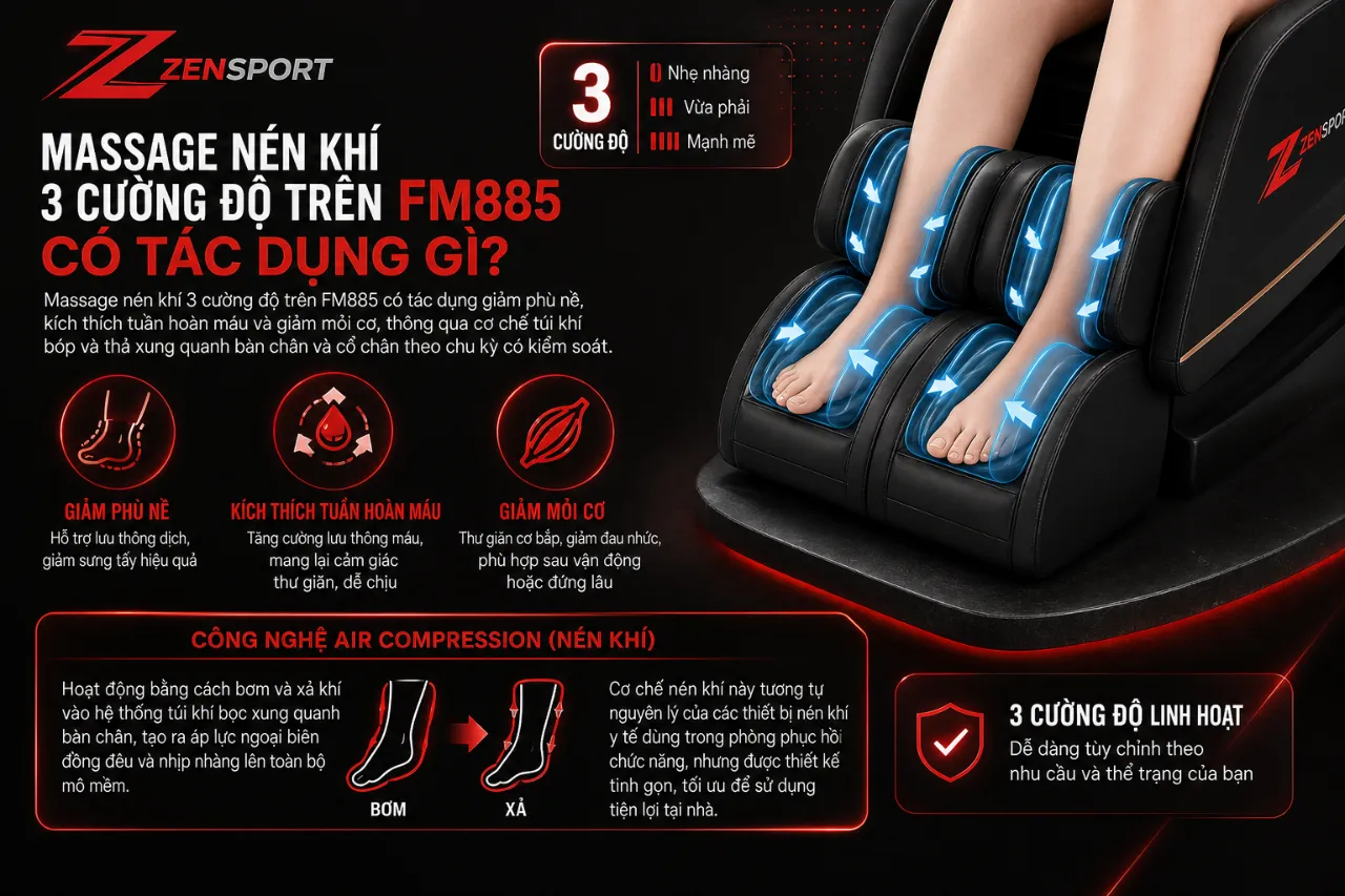 Massage nén khí 3 cường độ trên FM885 có tác dụng gì?