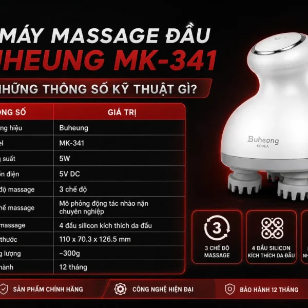Máy massage đầu Buheung MK-341: 3 chế độ massage, 4 đầu silicon đa điểm