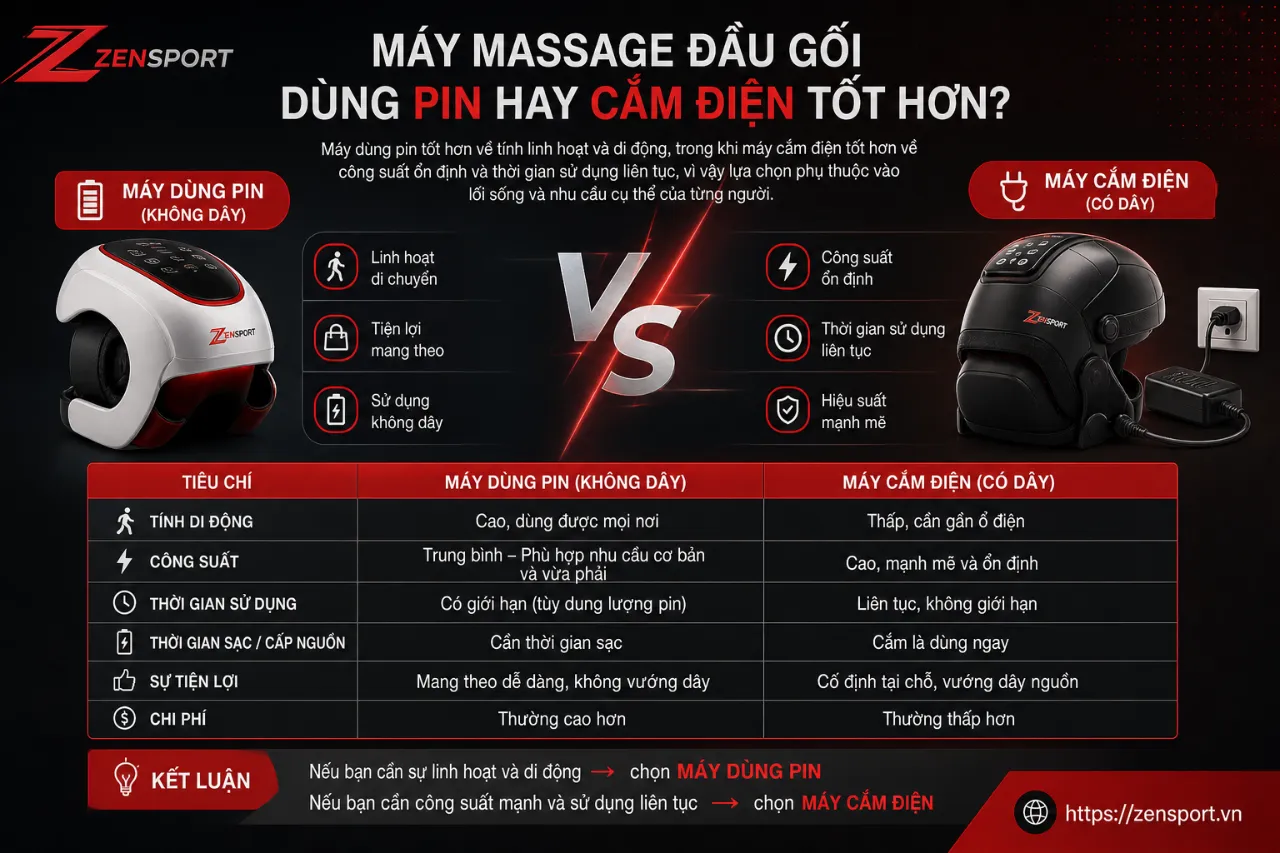Máy massage đầu gối dùng pin hay cắm điện tốt hơn?