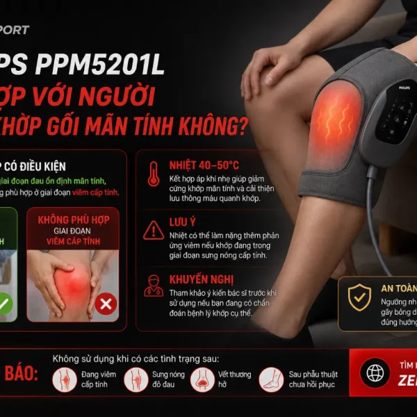Máy massage đầu gối Philips 5201L: Túi khí, chườm ấm, 3 chế độ massage