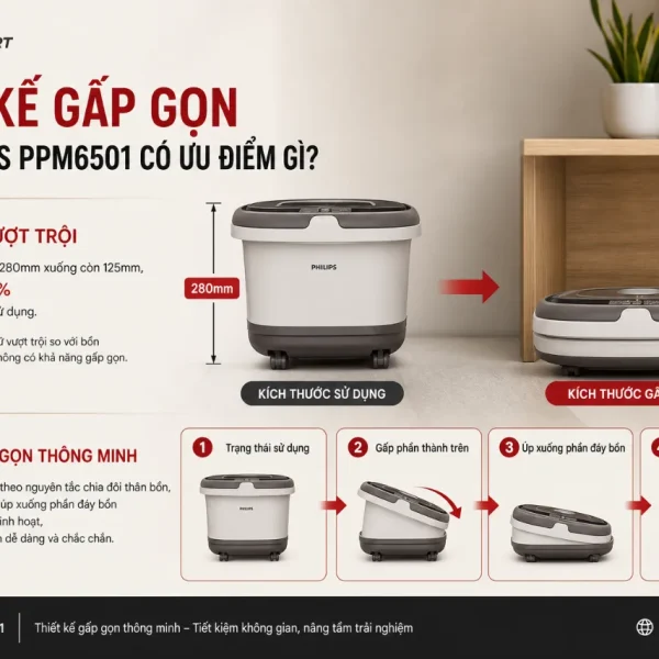 Bồn ngâm chân massage Philips PPM6501: 800W, gấp gọn 8L