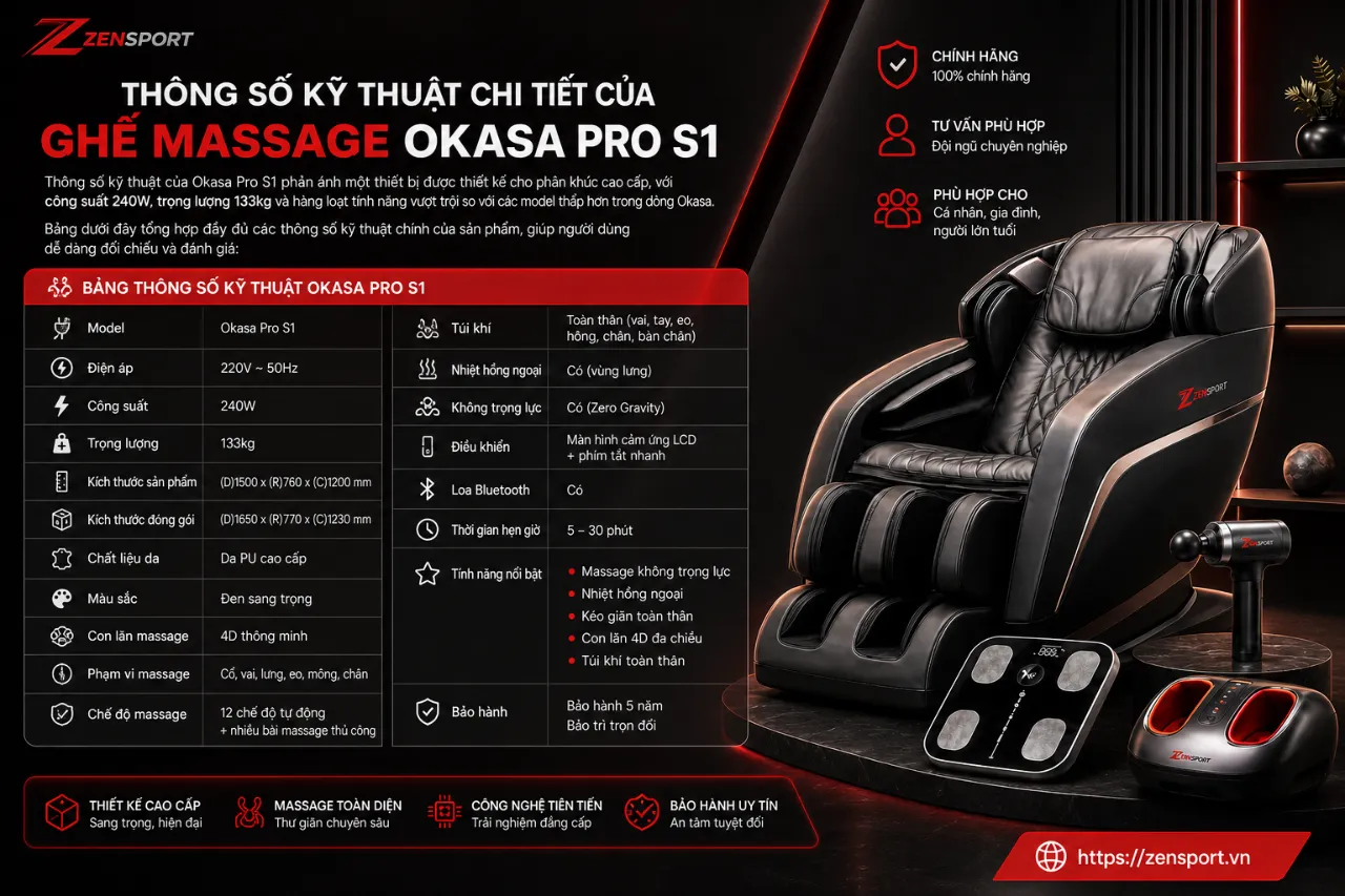 Thông Số Kỹ Thuật Chi Tiết Của Ghế Massage Okasa Pro S1 Là Gì?