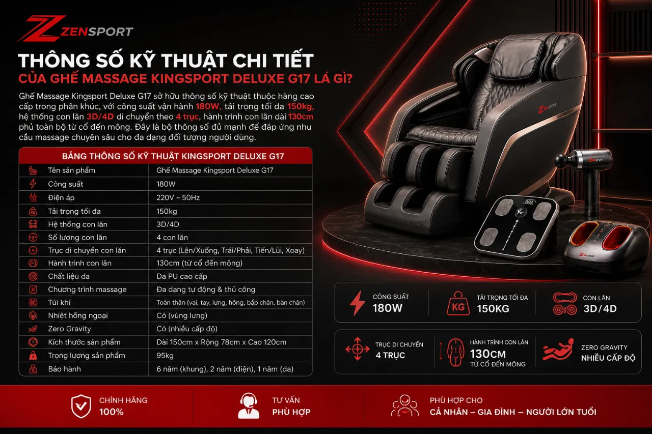 Thông Số Kỹ Thuật Chi Tiết Của Ghế Massage Kingsport Deluxe G17 Là Gì?