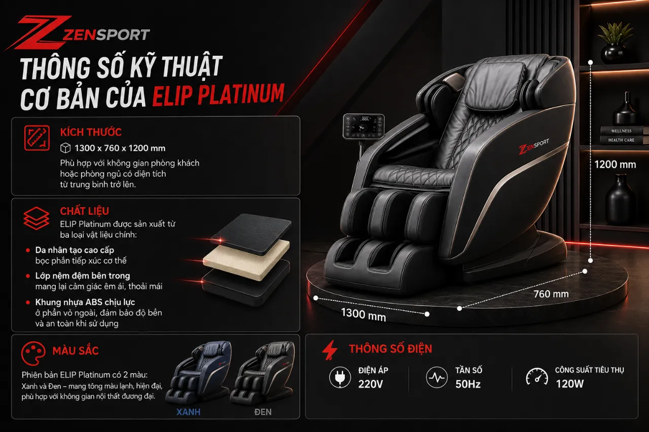 Thiết kế và thông số kỹ thuật của ghế massage ELIP Platinum