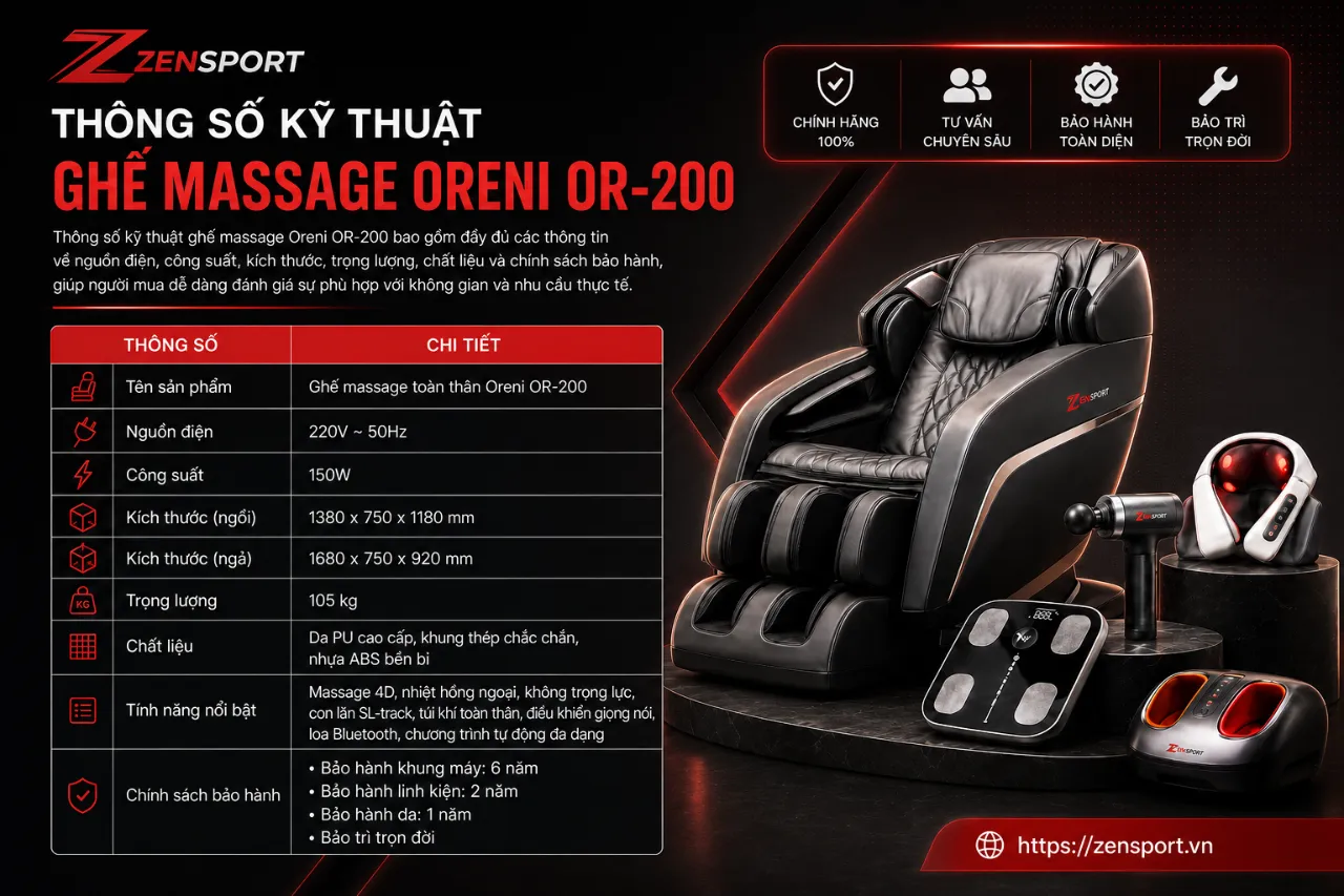 Thông số kỹ thuật ghế massage Oreni OR-200 chi tiết