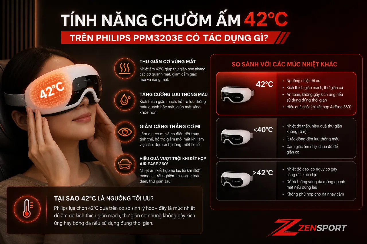 Tính năng chườm ấm 42°C trên Philips PPM3203E có tác dụng gì?