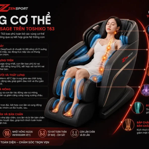 Ghế Massage Toshiko T63: Con Lăn 3D DeepTouch, Nhiệt InfraWarm 45°C