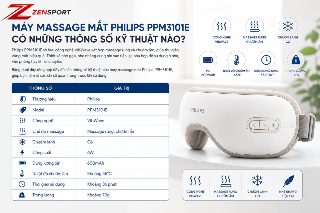 Máy massage mắt Philips PPM3101E có những thông số kỹ thuật nào?