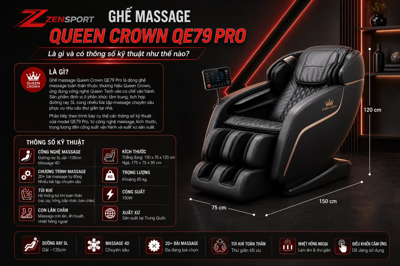 Ghế massage Queen Crown QE79 Pro là gì và có thông số kỹ thuật Ghế massage Queen Crown QE79 Pro là gì và có thông số kỹ thuật