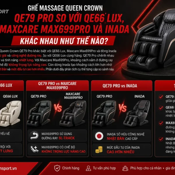 Ghế massage Queen Crown QE79 Pro so với QE66 Lux, Maxcare Max699Pro và Inada khác nhau