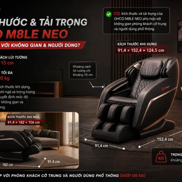 Kích thước và tải trọng của ghế massage OHCO M8LE NEO có phù hợp với không gian và người dùng