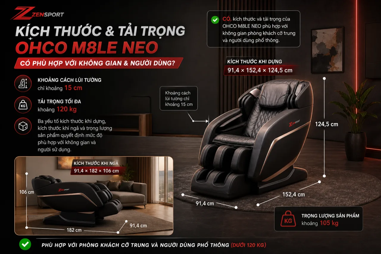 Kích thước và tải trọng của ghế massage OHCO M8LE NEO có phù hợp với không gian và người dùng Kích thước và tải trọng của ghế massage OHCO M8LE NEO có phù hợp với không gian và người dùng