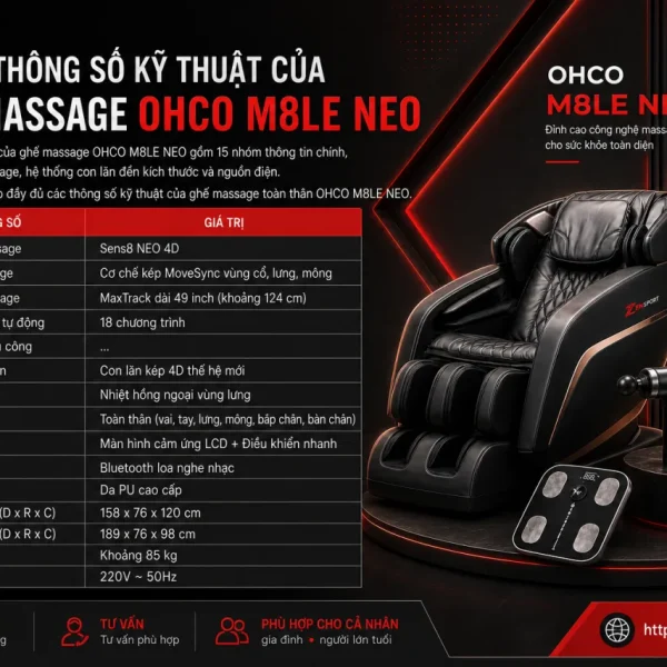 Thông số kỹ thuật của ghế massage OHCO M8LE NEO gồm những gì