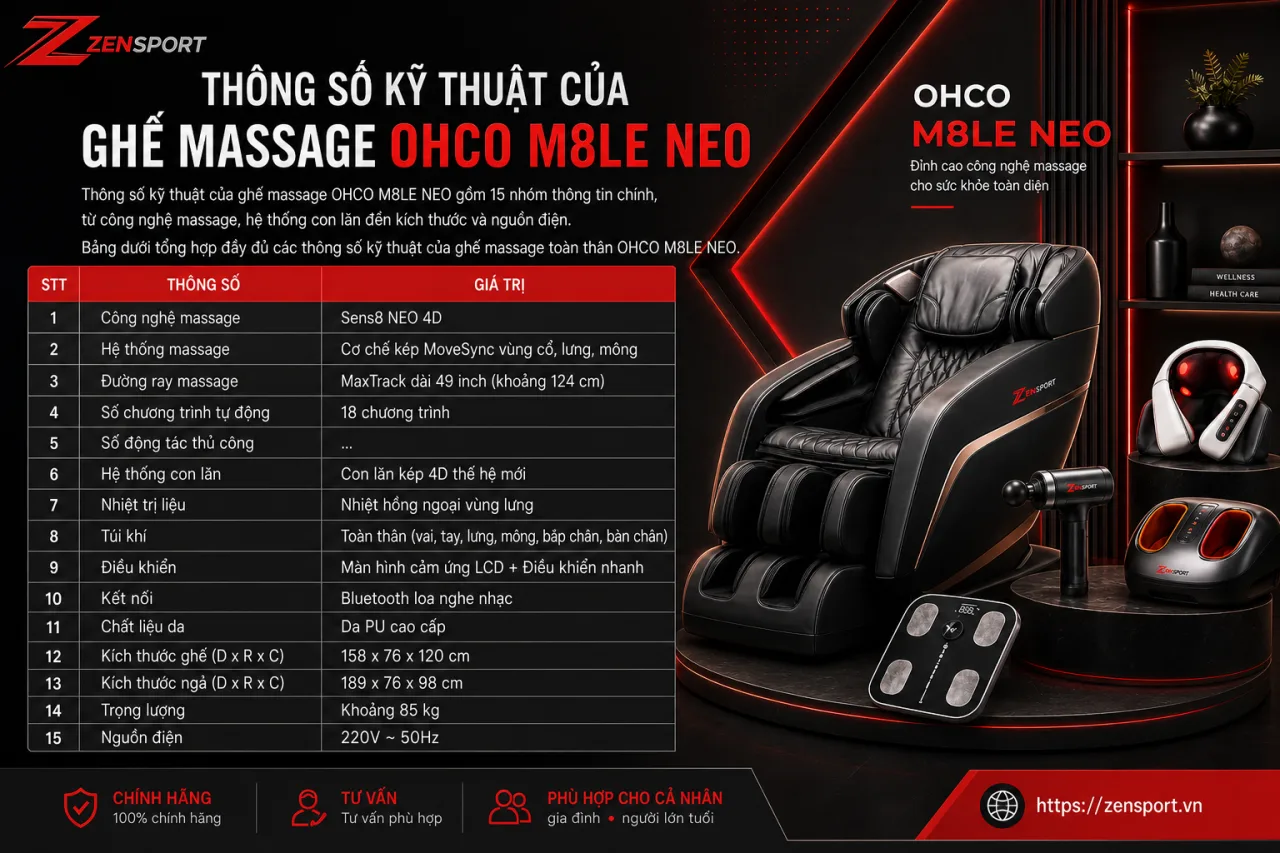 Thông số kỹ thuật của ghế massage OHCO M8LE NEO gồm những gì Thông số kỹ thuật của ghế massage OHCO M8LE NEO gồm những gì
