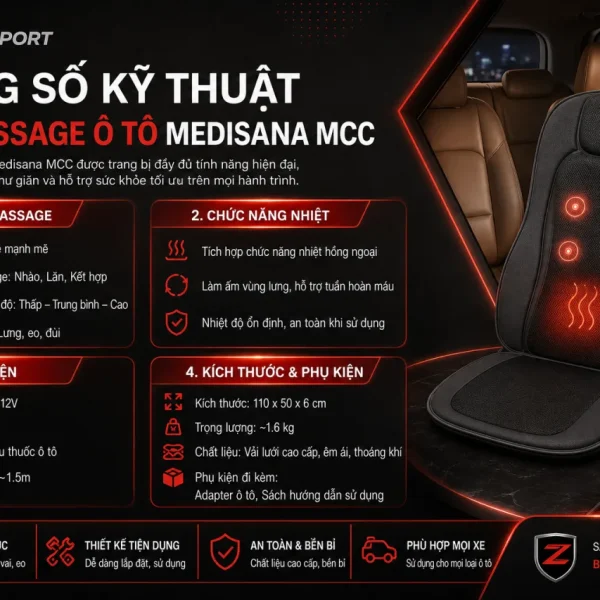 Thông số kỹ thuật đệm massage ô tô Medisana MCC gồm những gì