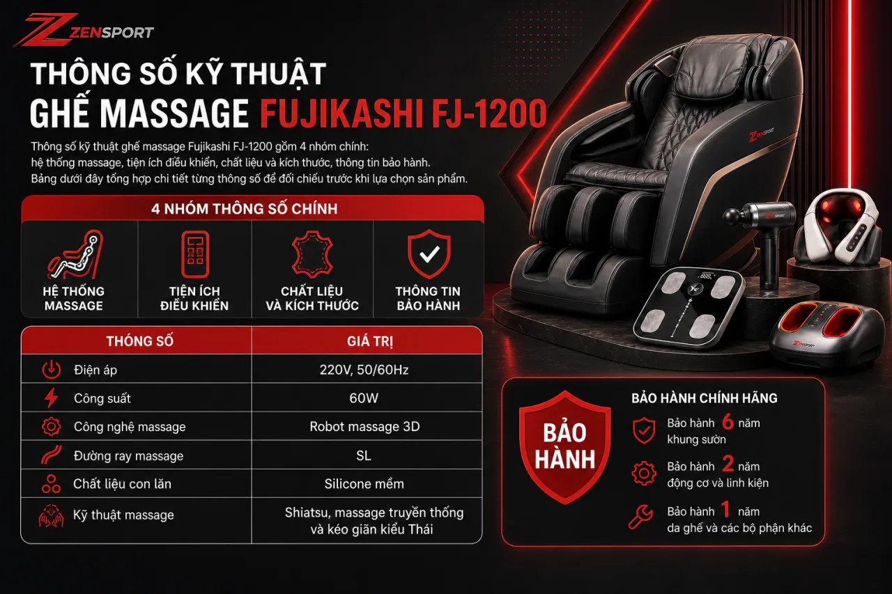 Thông số kỹ thuật ghế massage Fujikashi FJ-1200 gồm những gì Thông số kỹ thuật ghế massage Fujikashi FJ-1200 gồm những gì