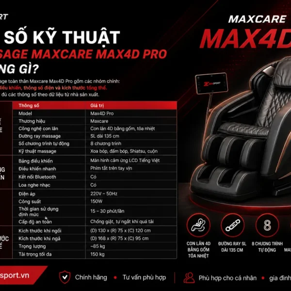Thông Số Kỹ Thuật Ghế Massage Maxcare Max4D Pro Gồm Những Gì