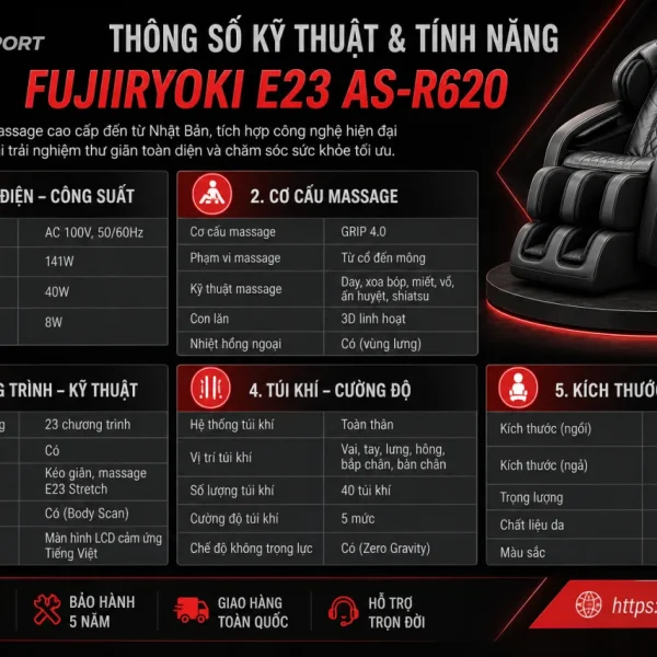 Thông số kỹ thuật và tính năng của Fujiiryoki E23 AS-R620 gồm những gì