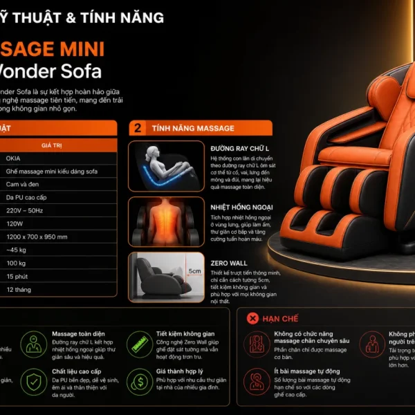 Thông số kỹ thuật và tính năng của Ghế massage mini OKIA eWonder Sofa gồm những gì