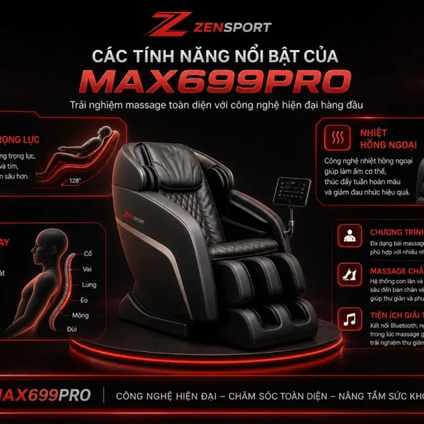 Các tính năng nổi bật của Max699Pro như massage không trọng lực, nhiệt hồng ngoại và đường ray SL-Track