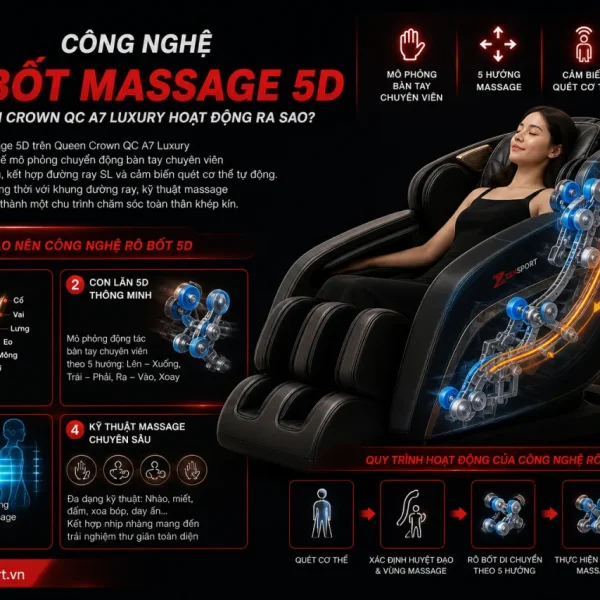 Công nghệ rô bốt massage 5D trên Queen Crown QC A7 Luxury hoạt động