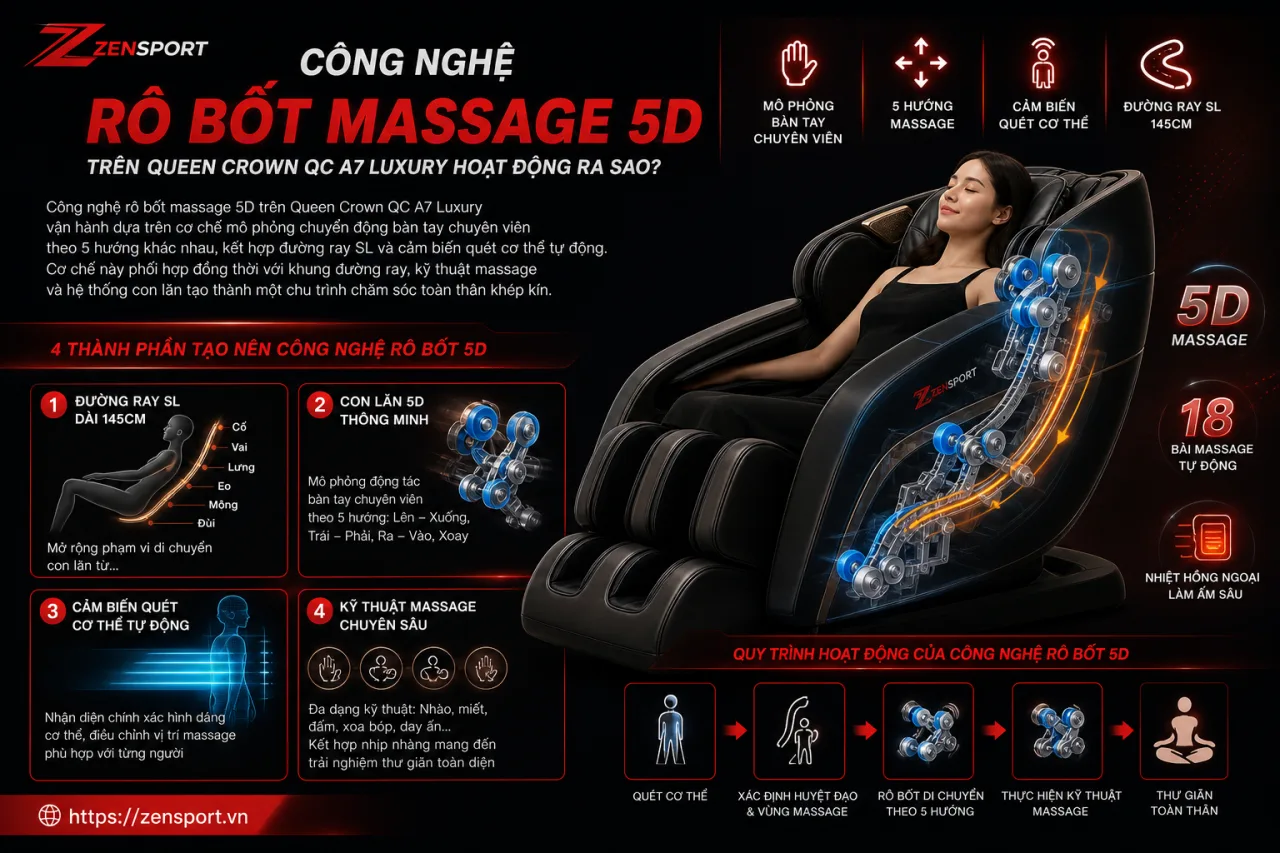 Công nghệ rô bốt massage 5D trên Queen Crown QC A7 Luxury hoạt động Công nghệ rô bốt massage 5D trên Queen Crown QC A7 Luxury hoạt động