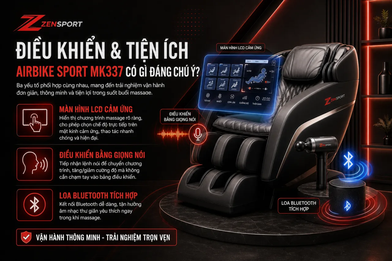 Điều khiển và tiện ích của Ghế massage Airbike Sport MK337 có gì đáng chú ý Điều khiển và tiện ích của Ghế massage Airbike Sport MK337 có gì đáng chú ý